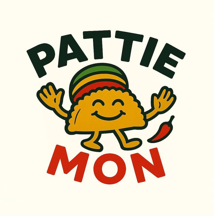Pattie Mon logo: a smiling golden patty wearing a rasta tam, arms up, next to a scotch bonnet pepper